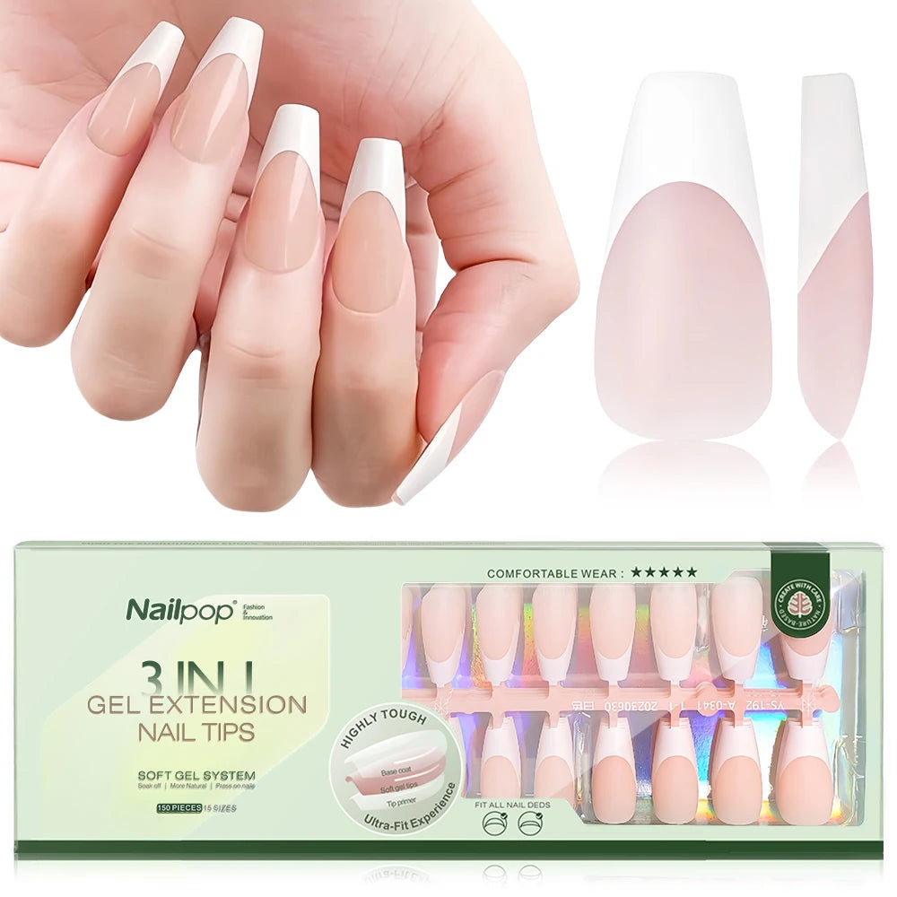 NAILPOP 150PCS Short Coffin Press on Nails 3 in 1 Coat Soft Gel Nail Tips French Tip Press on Nails 15 Sizes of Nail Art DIY