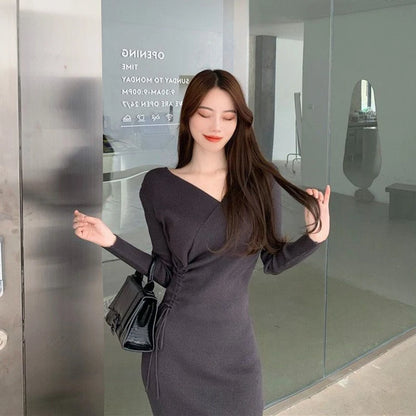 V-Neck Long Sleeve Knitting Dress Bodycon Midi Dress