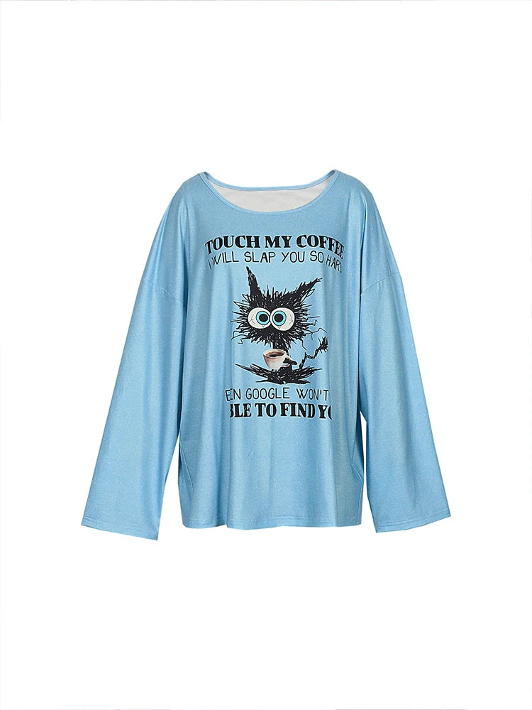 Plus Size Women's Cartoon Cat Funny Monogram Long Sleeve Round Neck Shirt Autumn Best Choice Fashion Round Neck