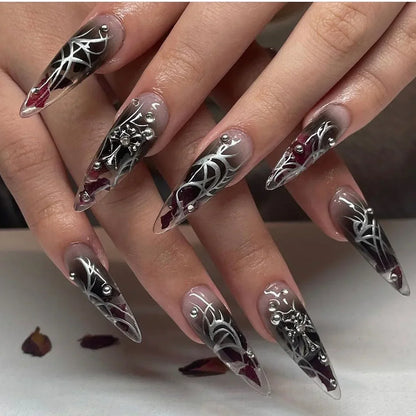 Punk Cool Style Black Flame Love Heart Press on Nails Butterfly Star Long Pointed False Nails Art Fake Nails Charms Y2K Manicure