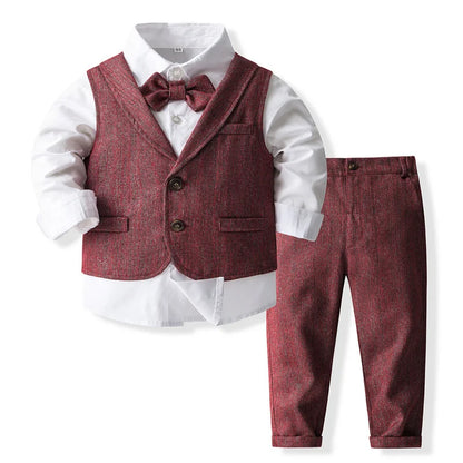 Baby Boy Formal Suit Gentleman Clothes Sets Autumn Children Birthday Wedding Party Dress Suit Sets Bowtie Shirt+Vest+Trouser Set