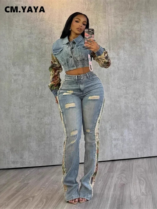 Denim Women's Set Floral Patchwork Full Sleeve Button Fly Jacket and Ripped Jeans Pants Suit 2025