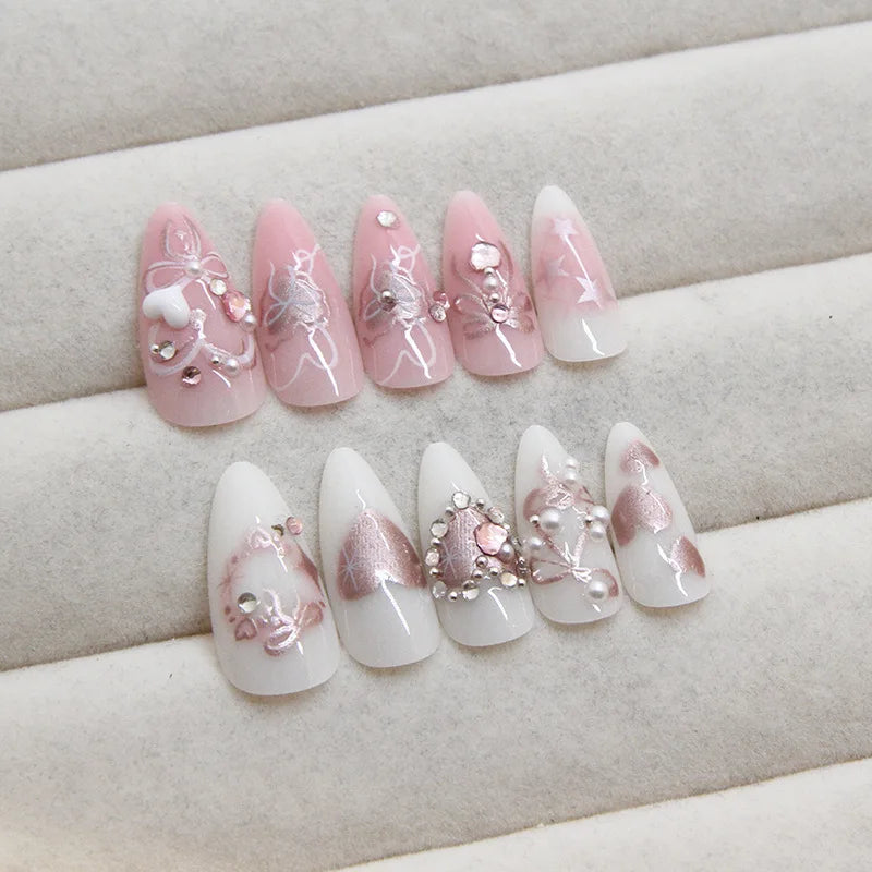 24pcs Sweet False Nail Patches Detachable Fake Nail Tips With Bowknots Love Heart Pearl Design Pink Almond Korean Press On Nail