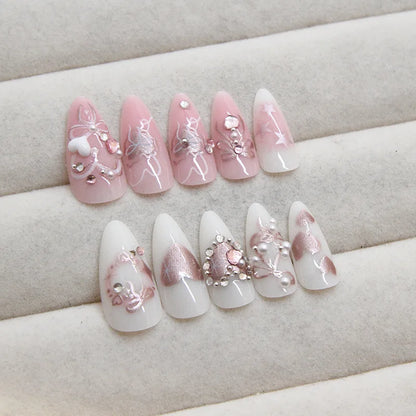 24pcs Sweet False Nail Patches Detachable Fake Nail Tips With Bowknots Love Heart Pearl Design Pink Almond Korean Press On Nail