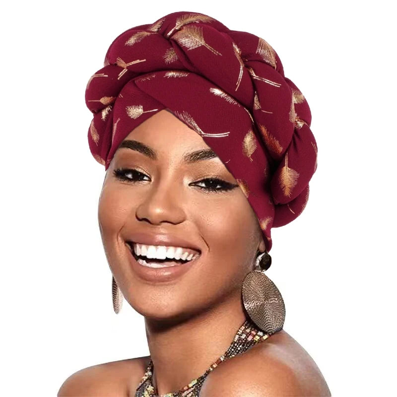 Muslim Headscarf Bonnet Turbante mujer Feather Gold Stamping Braids Turban Cap for Women Fashion African Lady Head Wraps