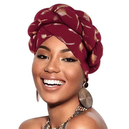 Muslim Headscarf Bonnet Turbante mujer Feather Gold Stamping Braids Turban Cap for Women Fashion African Lady Head Wraps