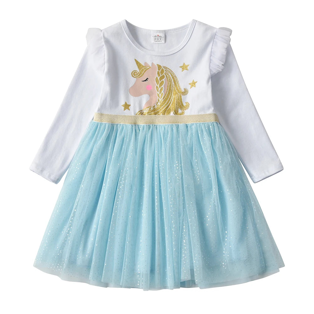 Kids Licorne Cartoon Print Dress Girls Flare Sleeve Autumn Spring Winter Vestidos Girls Princess Mesh Tulle Party Dress