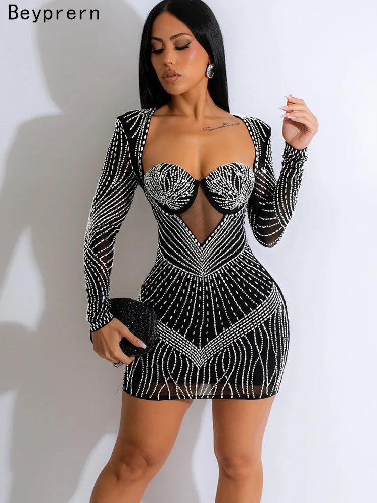 Beyprern Rhinestone Padded Mini Dress