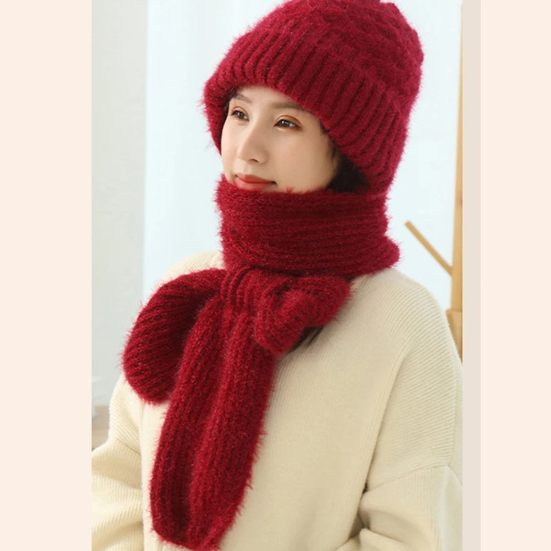 Velvet Thickened Plush Hats And Scarf All In One Knitted Women's Winter Double Layer Warm Wool Hooded Ear Protection Beanie Cap