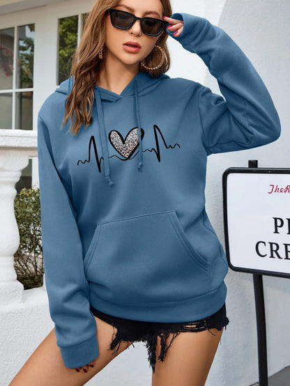 Fluctuating Leopard Heart Electrocardiogram Pattern Hoodie For Women Fashion S-Xxl Hoody Autumn Pocket Clothes Street Casual Top