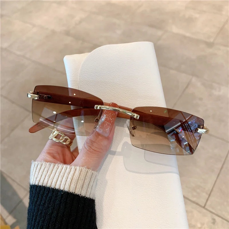 KAMMPT Rimless Sunglasses For Men Women Wooden Pattern Luxury Brand Retro Sun Glasses Fashion Shades UV400 Travel Outdoor