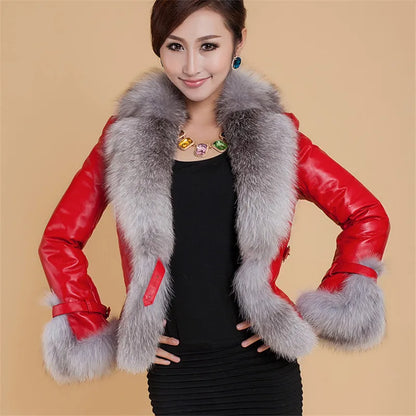 Leather Jacket Women Coat Faux Fox Fur Collar Short Coat PU Leather New Winter Female Jacket Elegant Motorcycle Zipper Outerwear