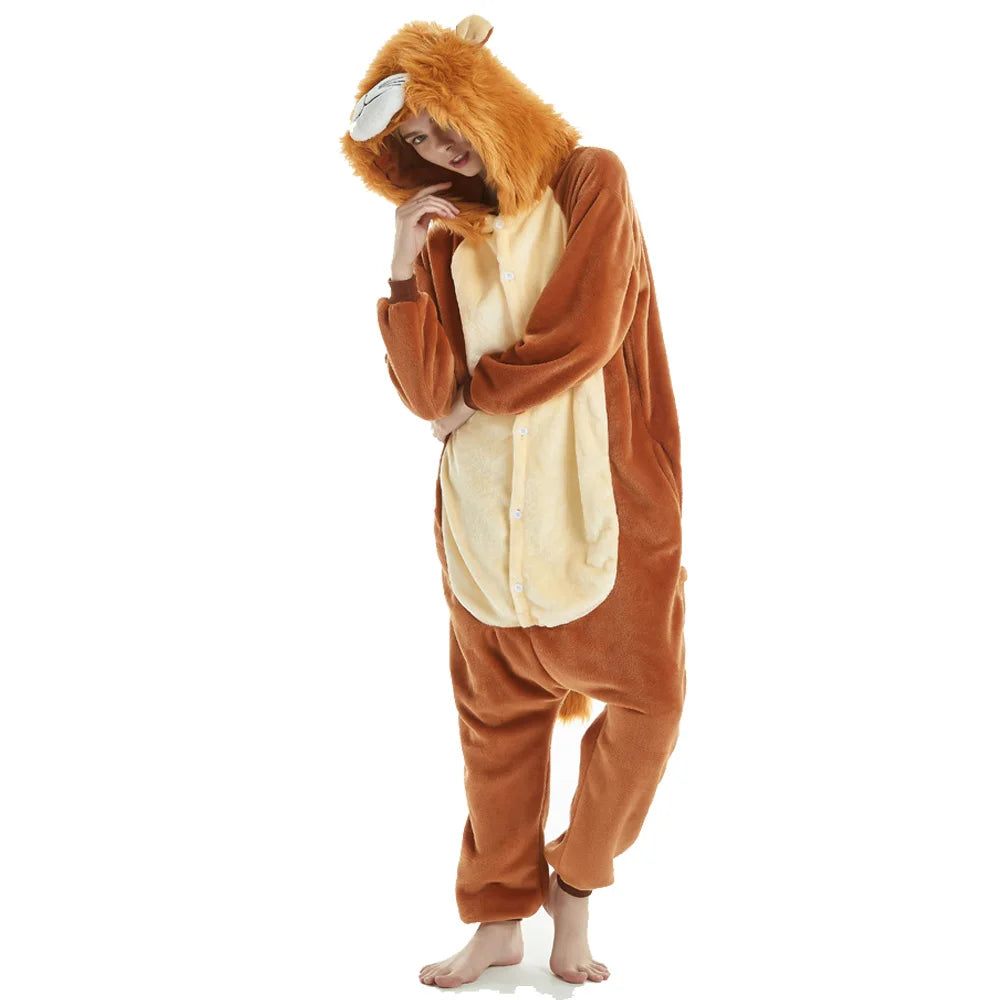 Kigurumi Adult Animal Costume Lion Onesie Plus Size Anime Brown Plush Pajamas Halloween Party Men Women Sleep Jumpsuits Pyjamas