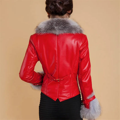 Leather Jacket Women Coat Faux Fox Fur Collar Short Coat PU Leather New Winter Female Jacket Elegant Motorcycle Zipper Outerwear