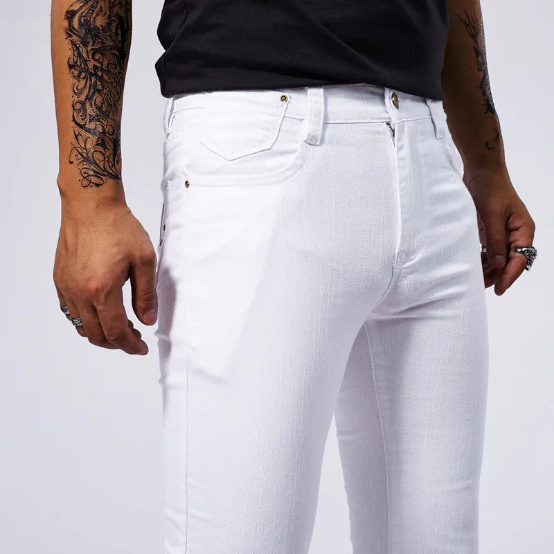 Summer new men's white casual versatile high elastic straight leg jeans with tight and stylish sports and fitness pants for men