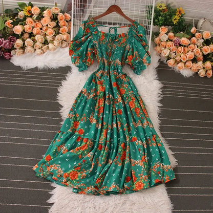 Korean Fashion Floral Print 2024 Party Dress Summer Short Puff Sleeve Vacation Women Long Dress Beach Vestidos