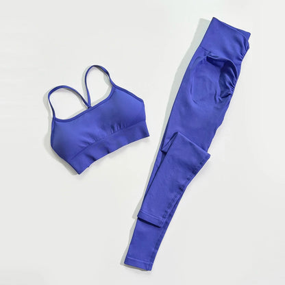 Seamless Yoga Set Women Sports Outfit 2 Pieces Crisscross Back Bra Fitness Suit High Waist Leggings Running Workout Tracksuit