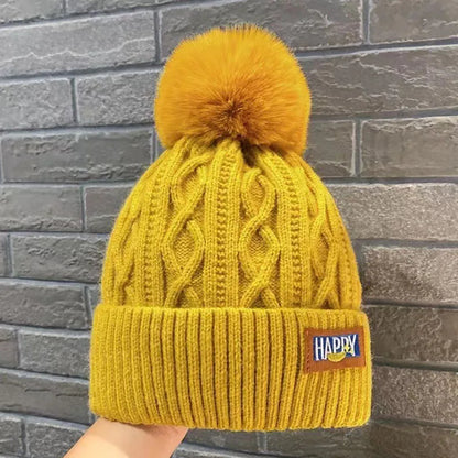 Soft Thick Knitted Beanies Cap With Hairball Winter Warm Lining Velvet Woolen Hat Fashion Twist Weaving Outdoor Causal Women Hat