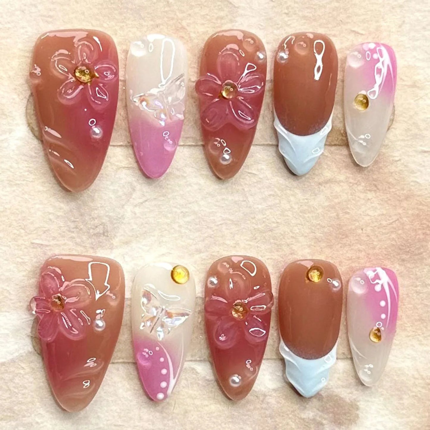 10pcs Handmade Press On Nails 3D Carving Flower Shells False Nails Detachable Summer Almond Pink French Style Fake Nail Tips