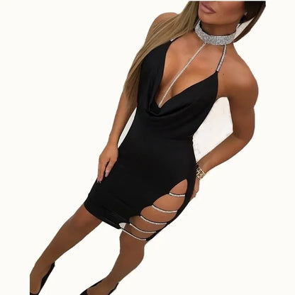 sexy suspender wrap hip skirt side slit hot drill low cut hanging neck tight