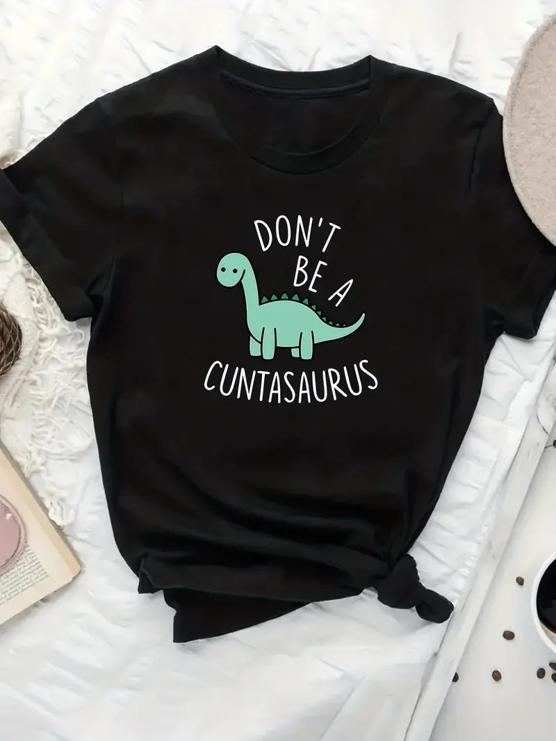 Plus Size Casual T-shirt Women's Plus Cute Dinosaur & Slogan Print Short Sleeve Round Neck Slight Stretch Tee