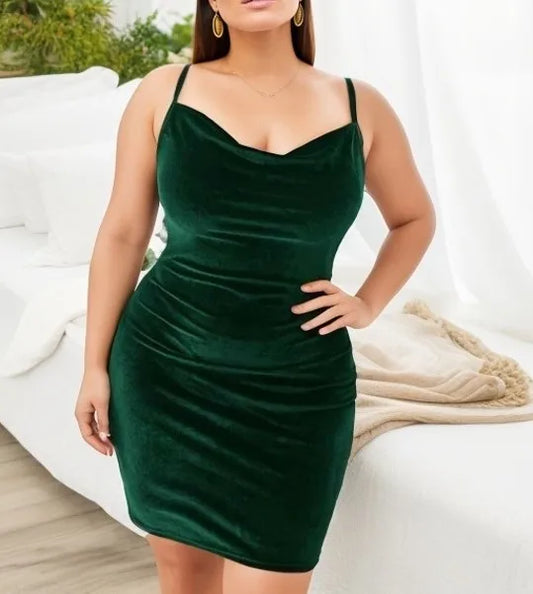 Plus Size Solid Ruched Cami Dress Casual Sleeveless Cowl Neck Slim Dress Women's Plus Size Clothing