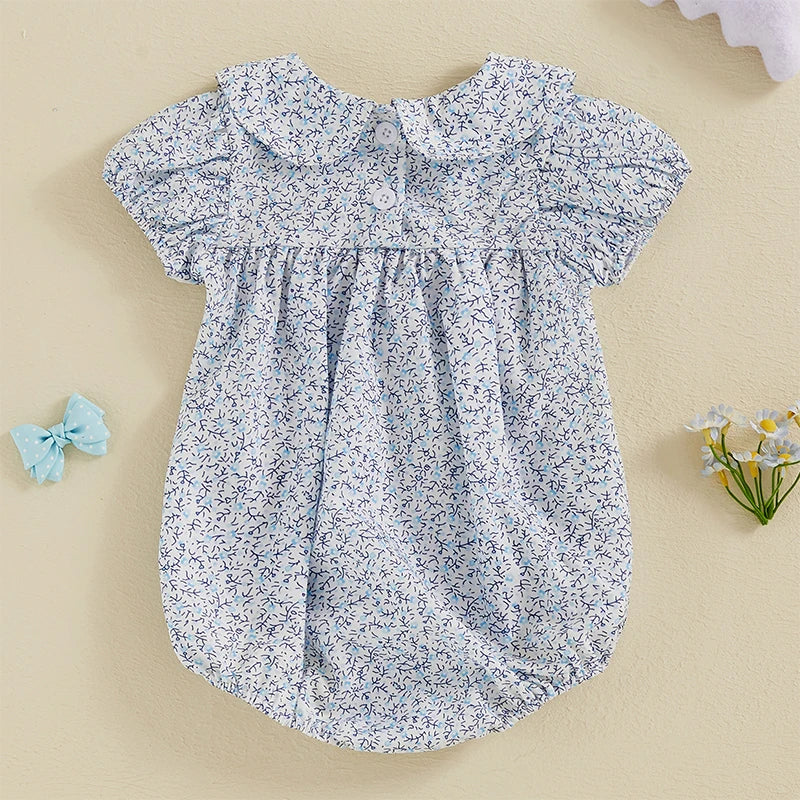 Newborn Baby Girl Romper Bow Embroidery Peter Pan Collar Short Sleeve Bubble Bodysuit Summer Clothes