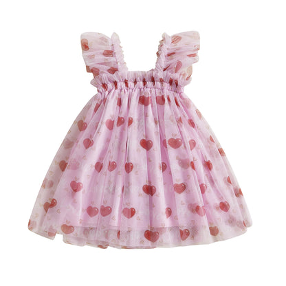 Summer Toddler Kids Girls Valentines Day Dress Casual Heart/Letter/Bow Print Mesh Tulle Dress for Princess Party Cute Clothes