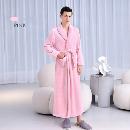 Womens Solid Color Bathrobe Ladies Fleece Plush Warm Long Robes Fleece Nightgown Sleepwear Couple's Thick Flannel Homewear