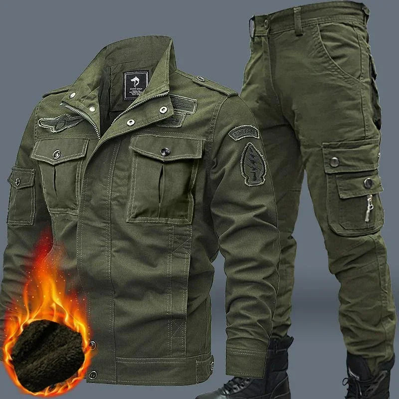 Mens Military Sets Cotton Embroidery Multi Pocket Jacket+Wear Resistant Straight Cargo Pant 2Piece Suit Winter Work Wear Set 6XL