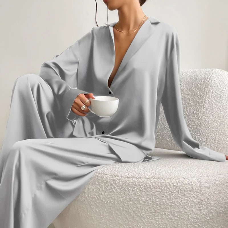 Women's Home Clothes Satin Silk Sleepwear Low Cut Sexy Pajamas For Femme Single-Breasted Long Sleeves Wide Leg Pants Trouser Set