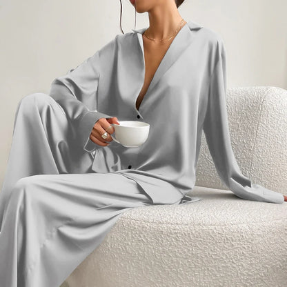 Women's Home Clothes Satin Silk Sleepwear Low Cut Sexy Pajamas For Femme Single-Breasted Long Sleeves Wide Leg Pants Trouser Set