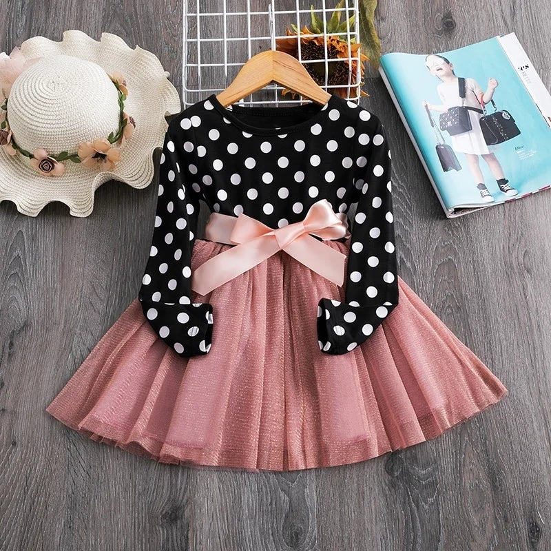 Dress for Girls Children Clothes Autumn Winter Full Sleeve Dress Birthday Party Dress Princess Polka Dot Fluffy Skirt 3-8 Years