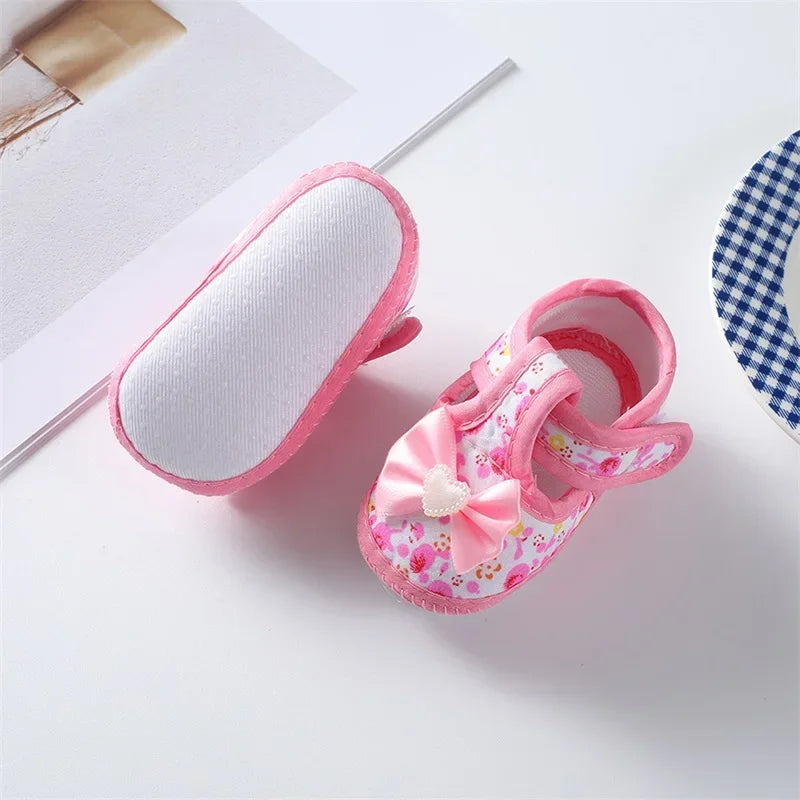 0-18months Baby Girls Flat Shoes Soft Sole Bowknot Flower Print Non-Slip