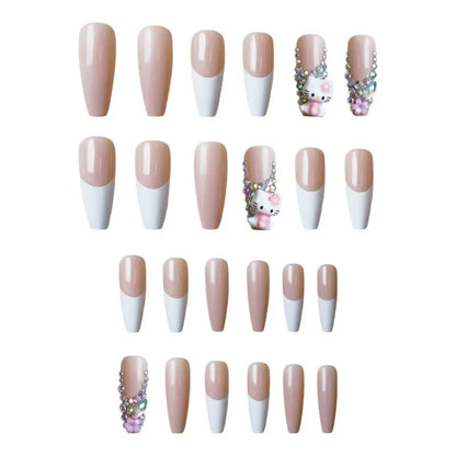 24Pcs Hello Kitty Y2K Fasle Nail Tips French Long Press On Nails 3D Cartoon Detachable Manicure Pearl Decoration For Sweet Girls