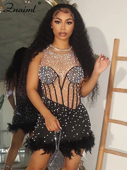 Znaiml Luxury Rhinestone Pearls Diamonds Feathers Mesh See Through Birthday Party Jumpsuits Shorts Women's Nightclub Playsuits