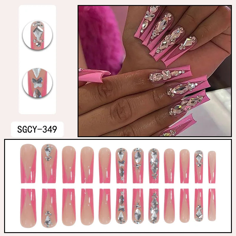 Enhance your charm with 24 pieces of long coffins, pink French patterns, 3D butterfly dots, diamond false nails