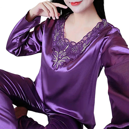 2 Pcs/Set Women Pajamas Set Silky Long Sleeves Spring Nightie Set V Neck Loose Sleeping Lace Women Nightie Set For Bedroom