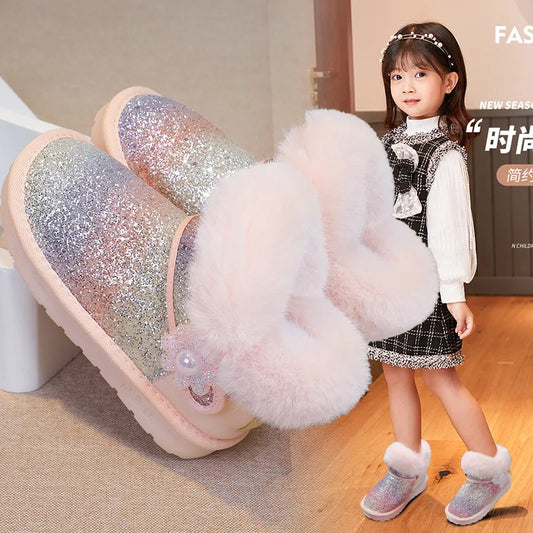 children shoes snow boots 2024 new winter warm plush cotton boots sequins comfortable anti slip fashion princess short boots