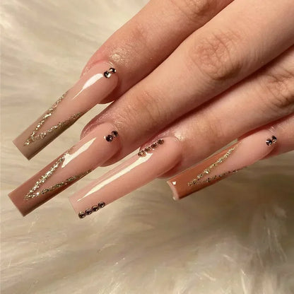 24Pcs Long Ballet False Nails Butterfly Simple with Rhinestones French Design Wearable Fake Nails Glitter Press on Nail Tips Art