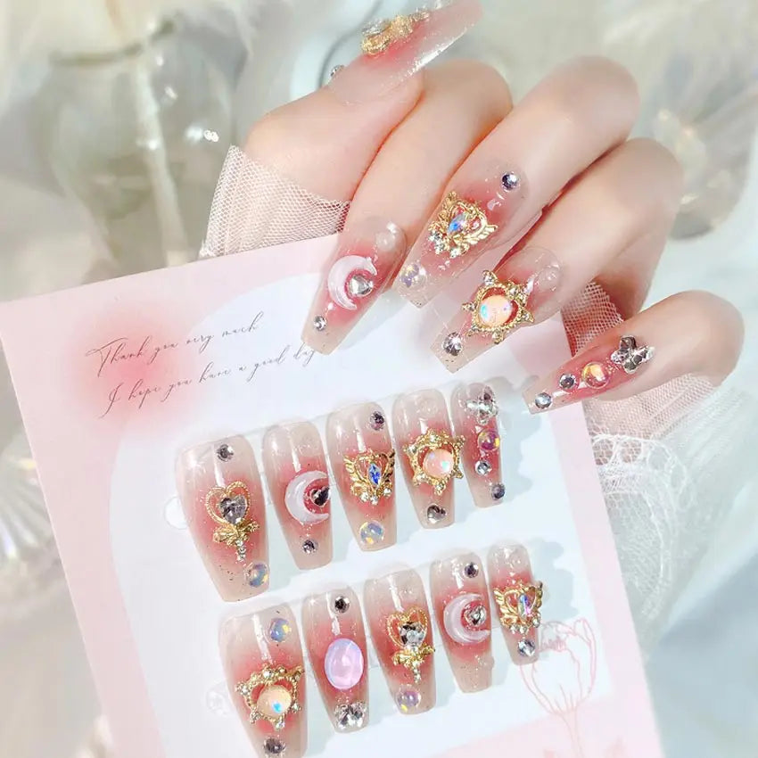 24pcs/box Luxury Pink Long Coffin Fake Nails Y2K Moon Star Rhinestones Press On Nails Handmade Full Cover Reusable False Nails