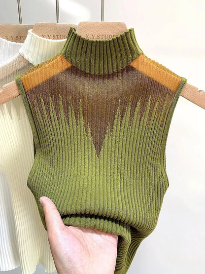 Mesh Knitted Top Half Neck Vest Sleeveless Sweater