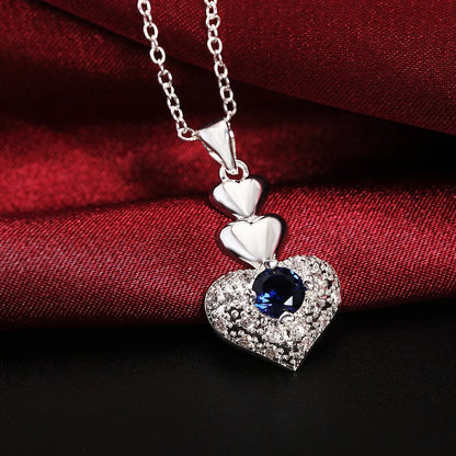 Hot Noble blue crystal heart 925 sterling Silver pendant necklace earring Jewelry sets for Woman classic fashion party fine gift