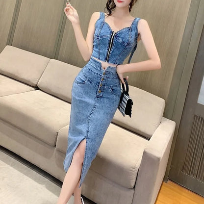 denim 2 piece set women korean outfits summer top and skirt two piece set Sexy elegant 2025 fashion midi skirt new in matching