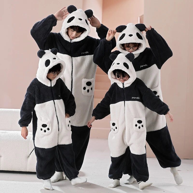 Parent-Child Outfit Pijamas Jumpsuits Kawaii Cartoon Panda Women Men Sleepwear Hoodies Winter Thicken Pajamas Onesie Pyjamas