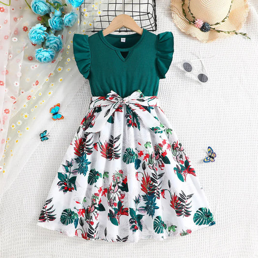 Dress For Kids 7-12 Years old Birthday Emerald Green Ruffled Sleeveless Floral Princess Dresses Ootd For Baby Girl