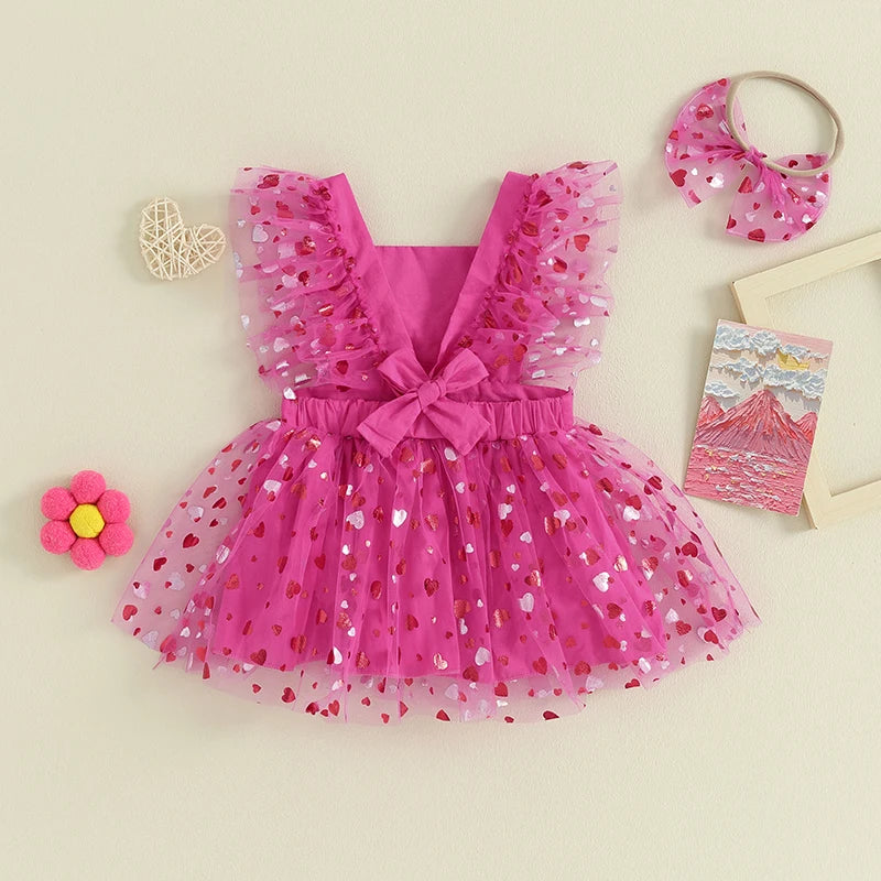 0-18M Baby Girls Romper Dress Fly Sleeve Heart Print Mesh Tulle Skirt Hem Bodysuits with Headband