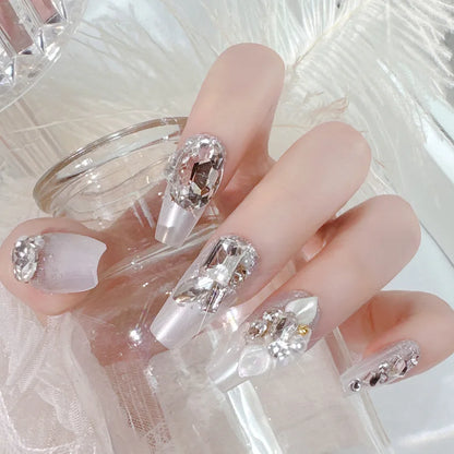24pcs Luxury Mid-Long Ballet False Nails Set Glittering Rhinestone+Handmade Flowers Press-on Fake Nail Glossy Patch For Bridal