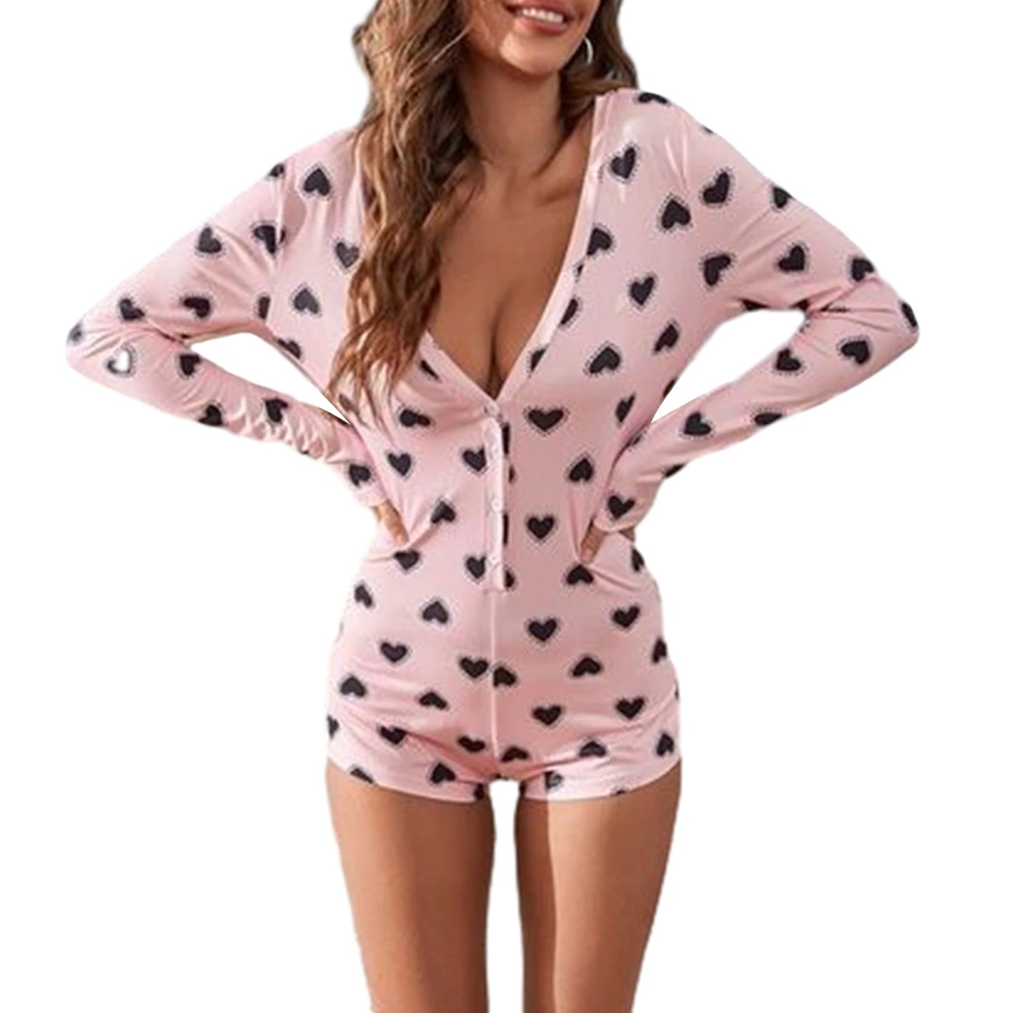 Y2k Women's Lips Print Pajamas Rompers Short Sleeve Deep V Neck Button Up Jumpsuit Shorts Loungewear