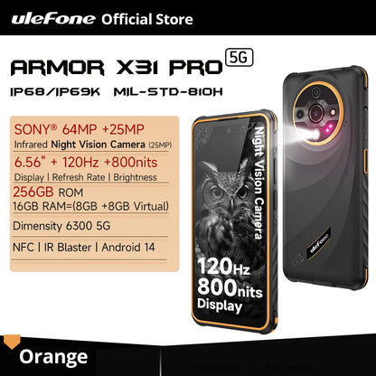 【World Premiere】Ulefone Armor X31 Pro 5G Rugged Phone Android 14 Smartphone 6.56”16GB + 256GB Night Camera 64MP 6050mAh NFC